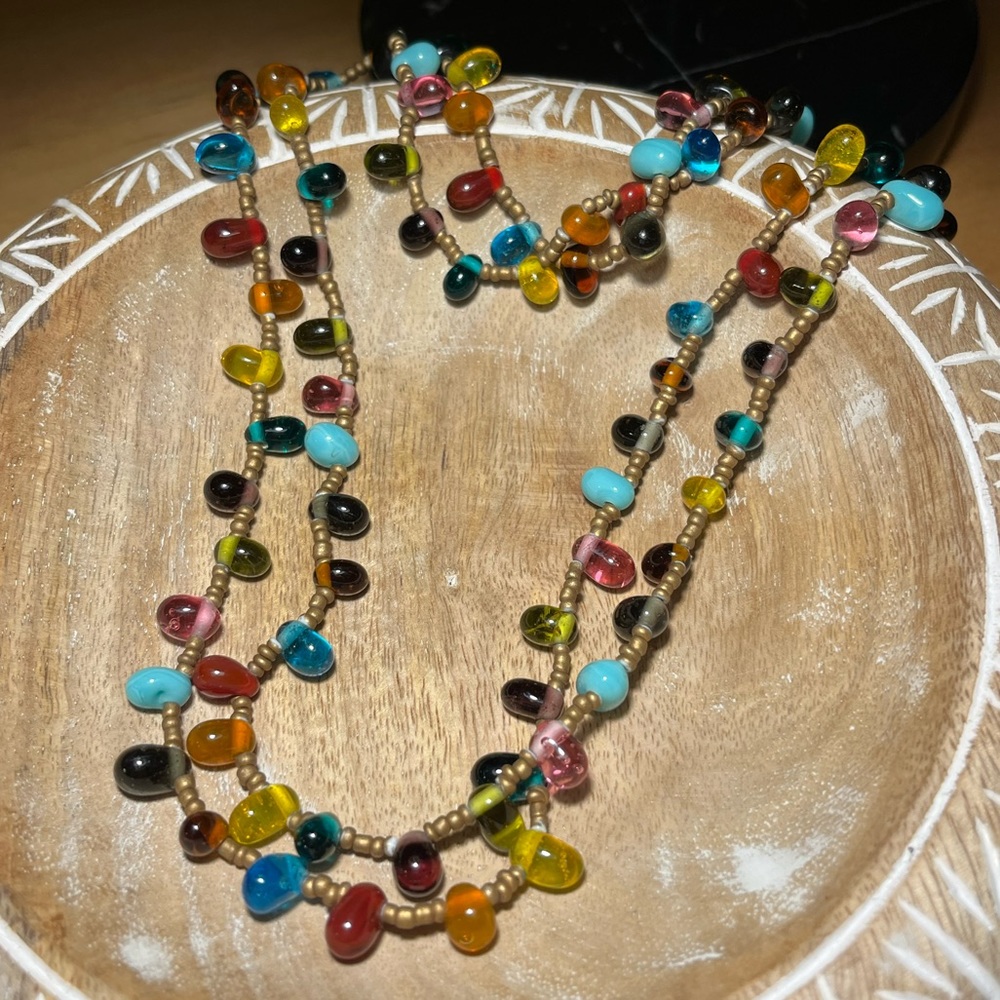 Long Multi Color Glass Bead Strand Wrap Necklace